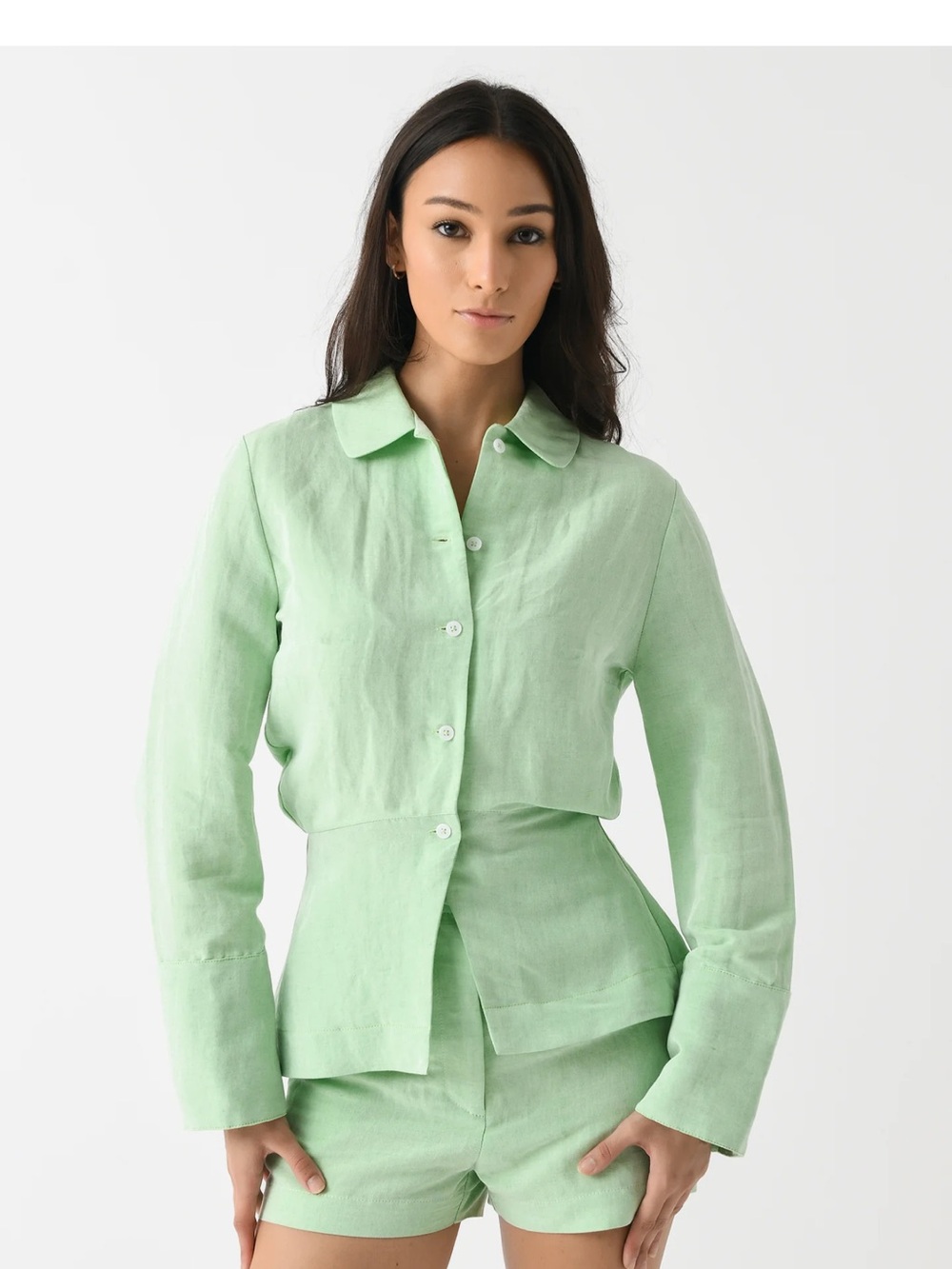 Matthew Bruch Peplum Linen-Blend Button-Front Shirt in Mint Green XS